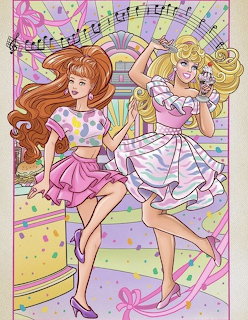 Two cartoon girls in party dresses dancing with musical notes and confetti around them
