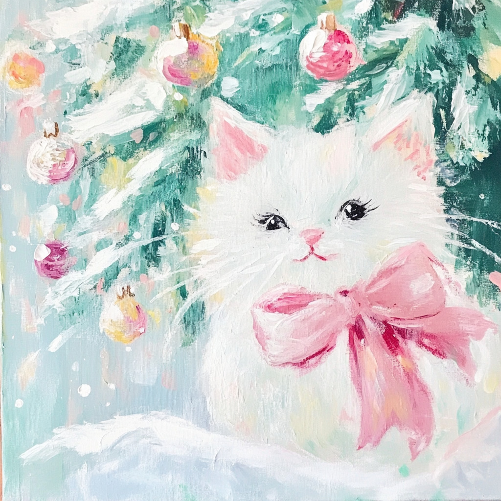 White fluffy cat with pink bow under snowy Christmas tree with ornaments