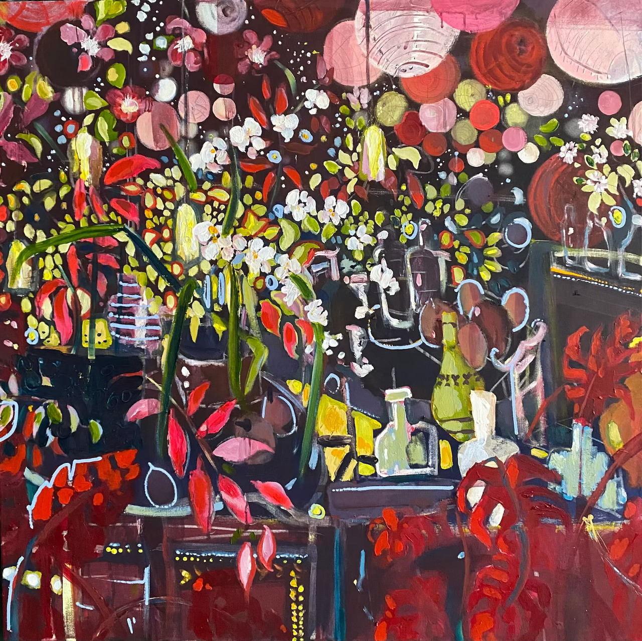 Abstract painting with red, yellow and white flowers in vases on dark background with expressive brushwork