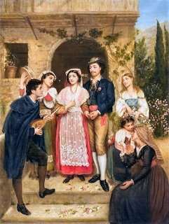 Victorian wedding painting by Rebecca Solomon with bride, groom and guests