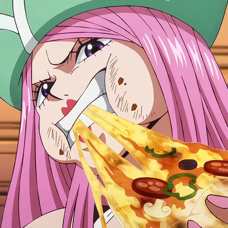 Pink-haired anime girl in green hat enthusiastically eating a pizza slice