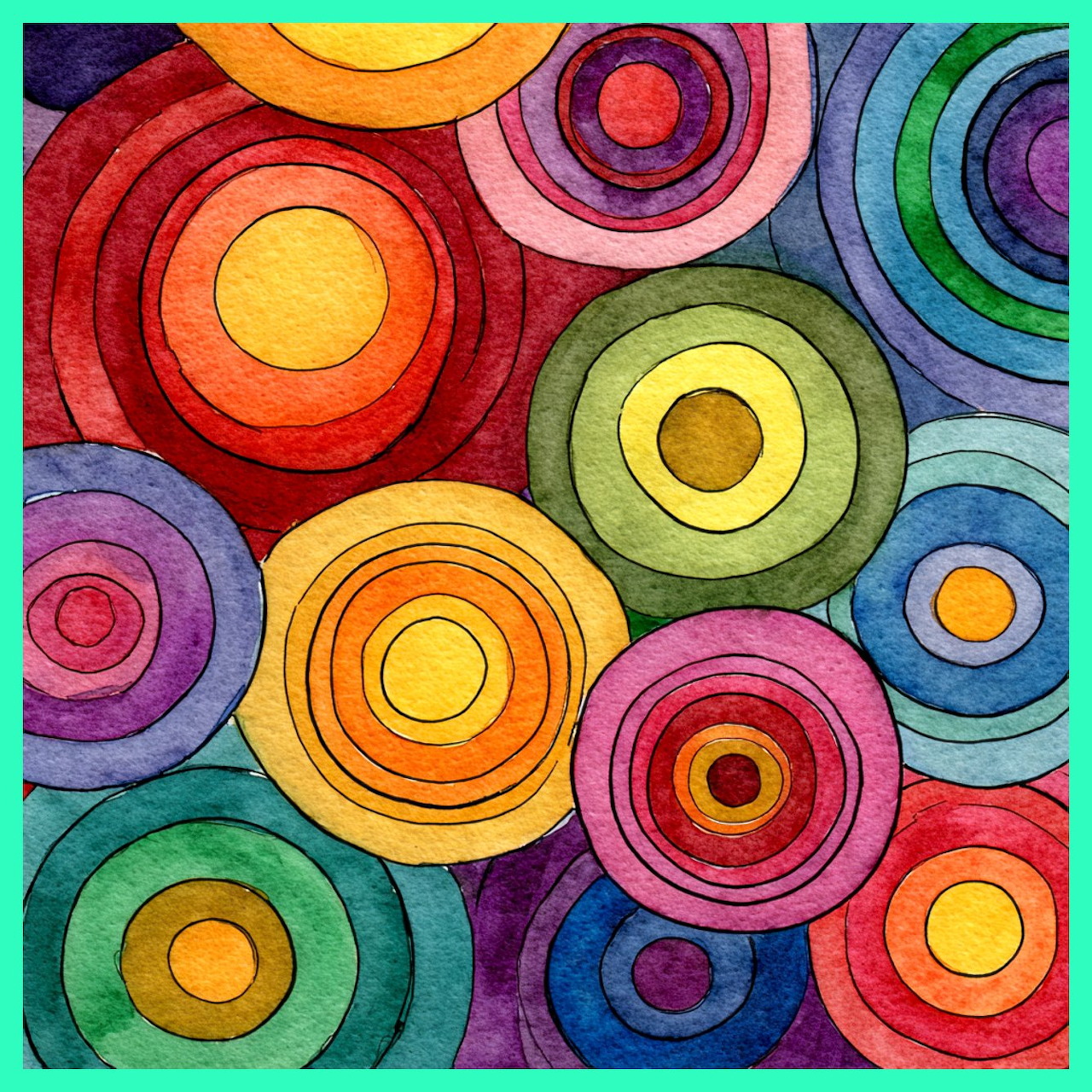 Abstract painting of overlapping concentric circles in vibrant rainbow colors with visible brush texture