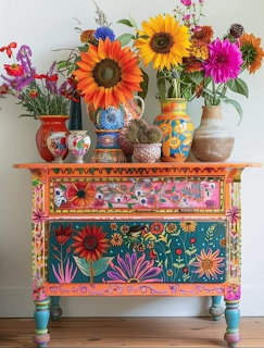 Colorful flower arrangement with sunflowers and daisies in painted vases on ornate floral decorated chest