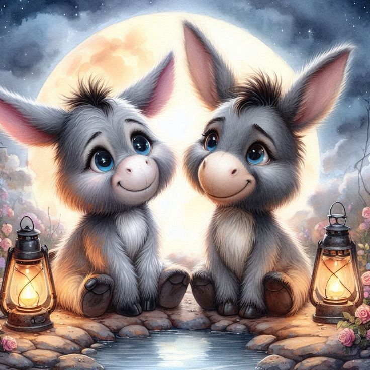 Two cute cartoon donkeys sitting side by side under a full moon with lanterns in a magical nighttime setting