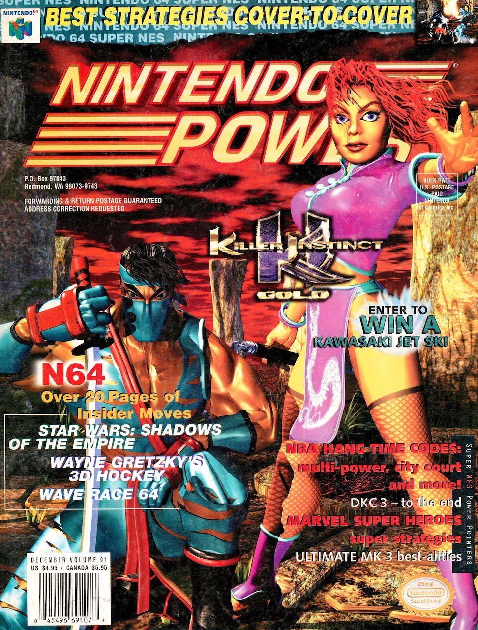 Nintendo Power magazine cover issue 91 featuring Killer Instinct Gold with a female fighter character