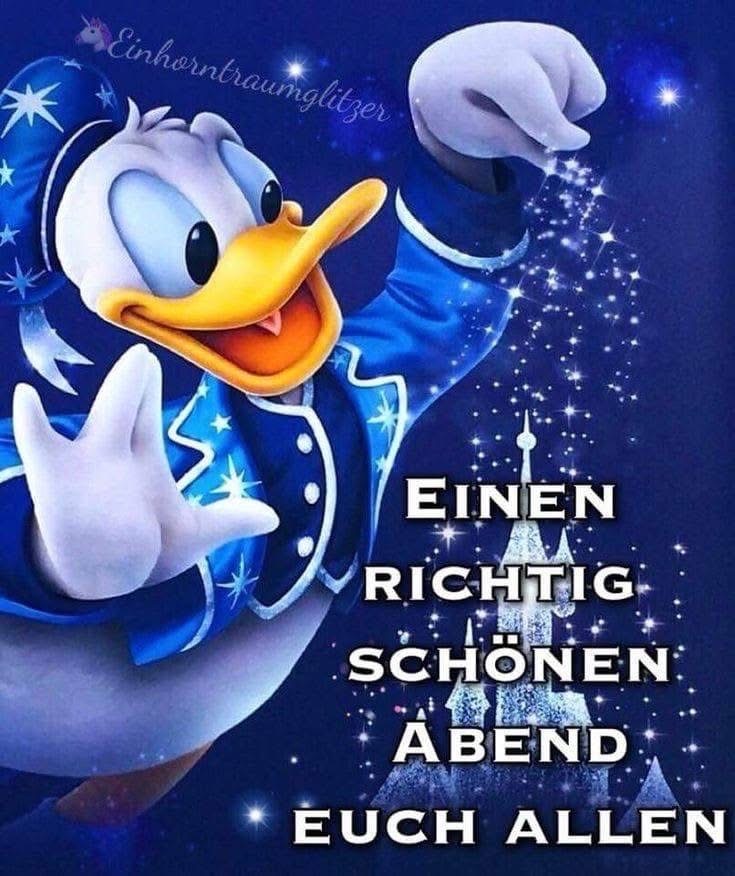 Donald Duck tipping his hat against a magical blue castle background with sparkles and German greeting text