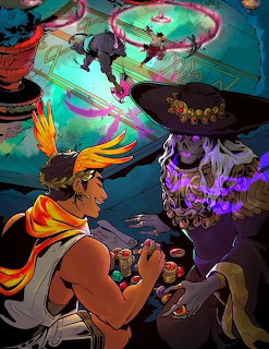 Colorful Hades game illustration of Zagreus facing a merchant with skull hat in an underworld arena