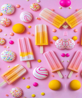 Colorful popsicles, sprinkled cookies, and candies arranged on a pink background