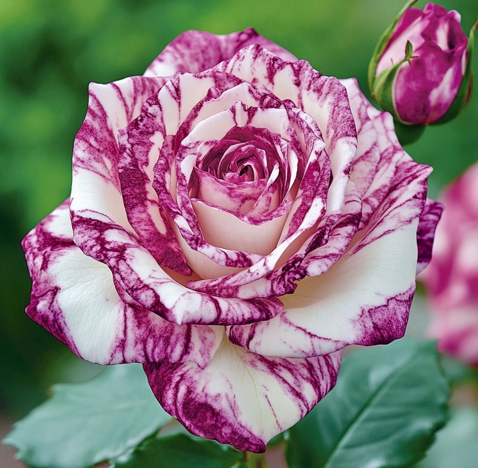 Purple and white striped rose with variegated petals in garden