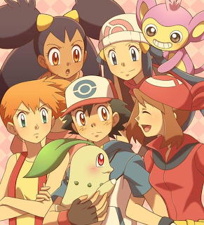 Anime group portrait of Pokemon trainers Ash, Misty, May, Dawn, Iris with Chikorita, Aipom and other Pokemon