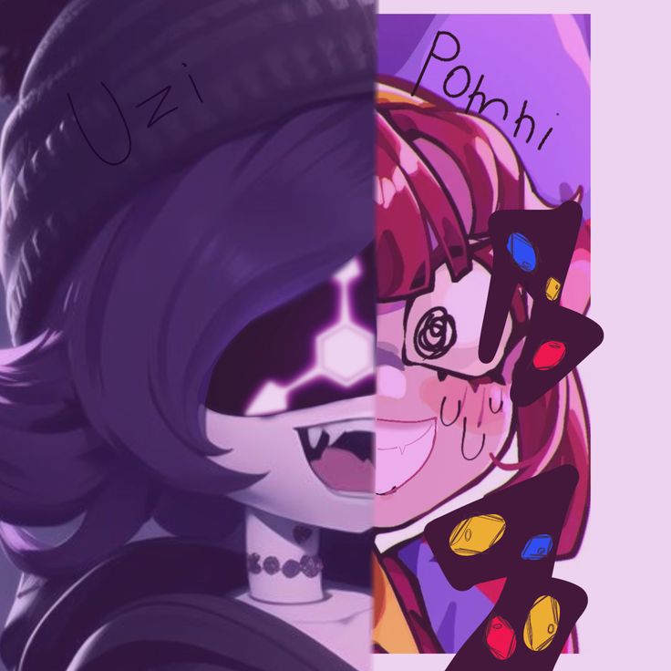 Split-face cartoon portrait of Uzi and Pomni in purple and pink tones