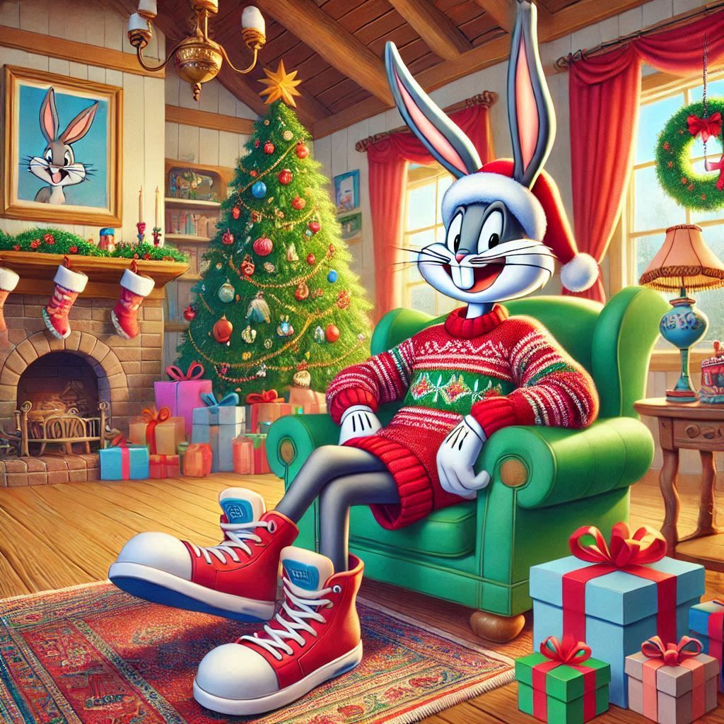 Bugs Bunny sitting in green armchair wearing festive sweater in Christmas decorated living room with tree and presents