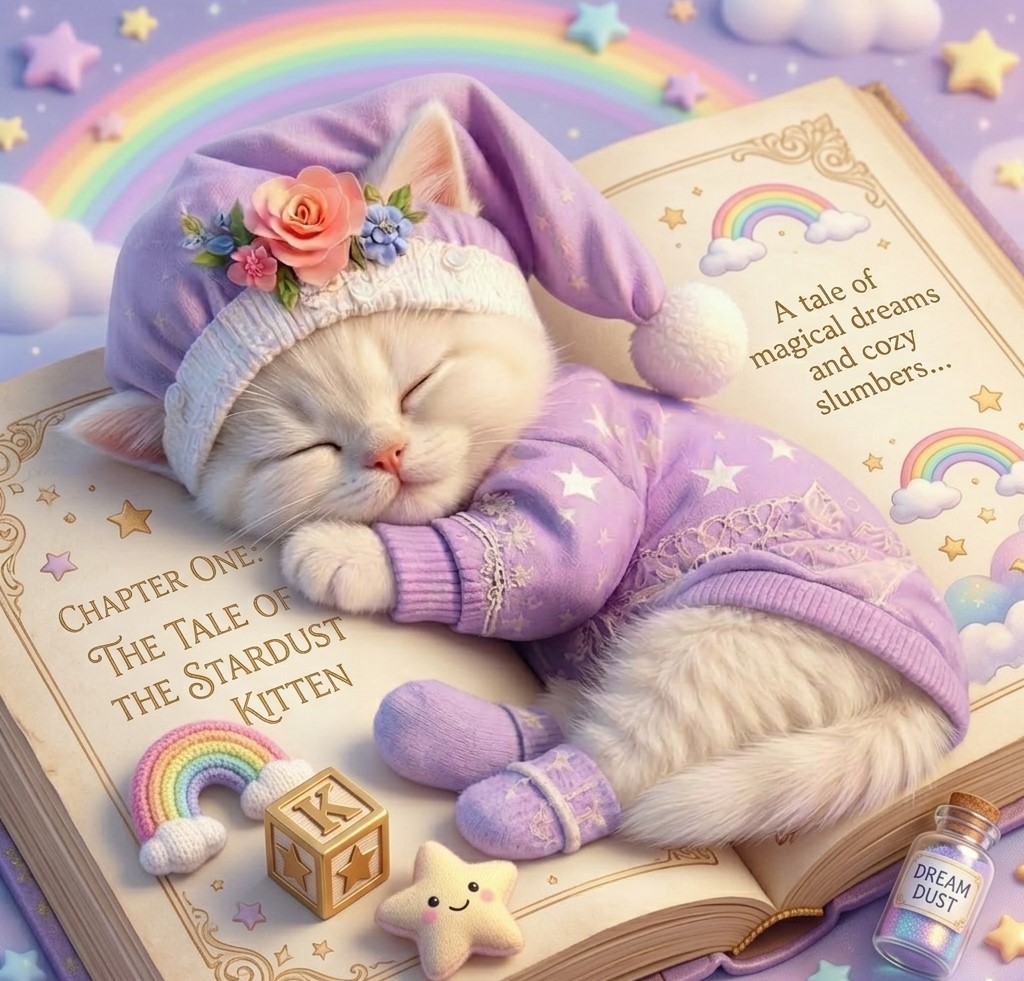 White kitten in purple pajamas sleeping on open book with rainbow and clouds in dreamy pastel scene