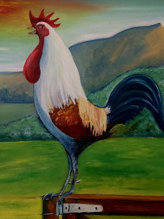 Painting of a rooster with white, brown, and black feathers standing on a fence with hills behind