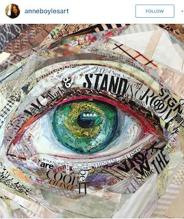 Mixed-media collage artwork of a large human eye created from torn paper and text fragments