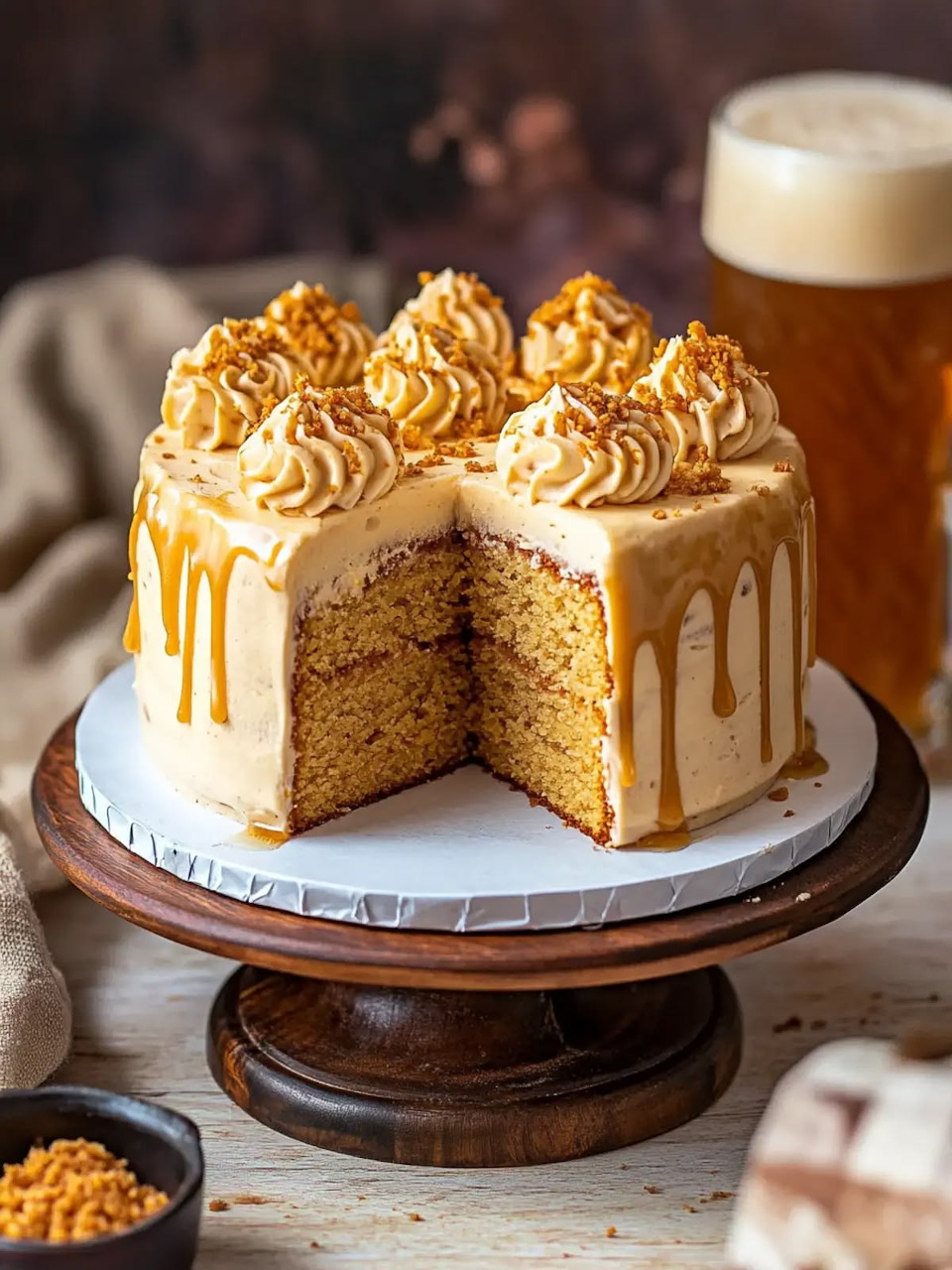 Sliced golden cake with caramel frosting and drizzle on wooden cake stand, beer glass beside it