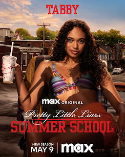 Pretty Little Liars Summer School poster showing young woman named Tabby holding a drink in a small town setting