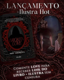Dark promotional image for Broken Love book with hoded figure cover and sensual illustration on red black background