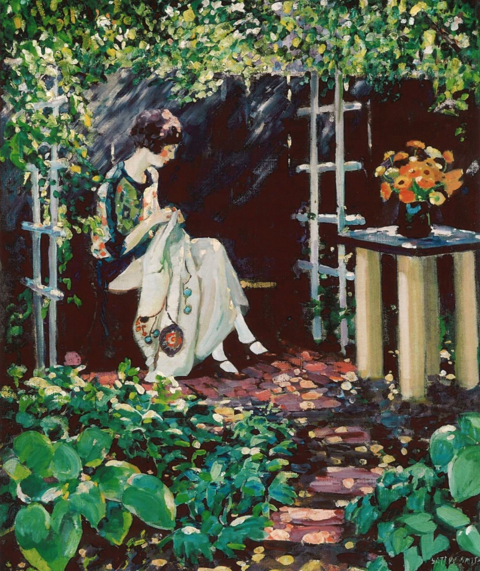 Woman in white dress sewing on garden porch surrounded by green foliage and potted flowers in impressionist painting style