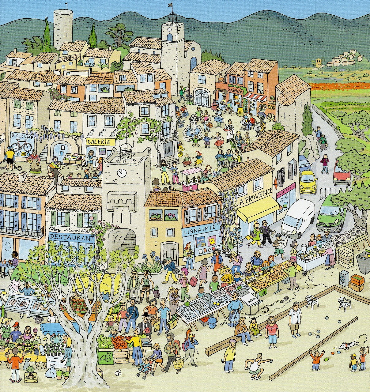 Illustrated busy Provence village with crowds, buildings, market square and mountain backdrop