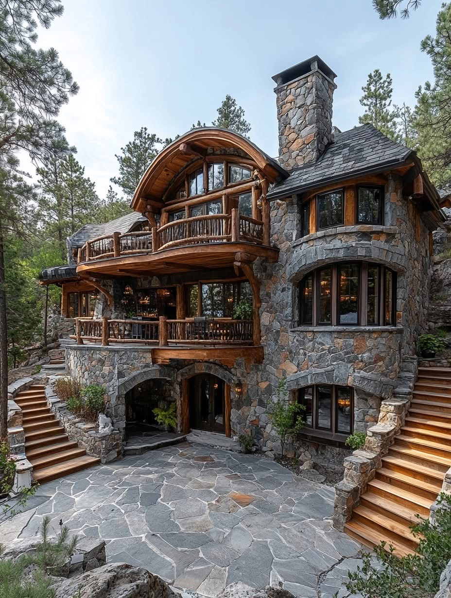 Large stone and timber house with curved balconies and arched windows surrounded by pine trees