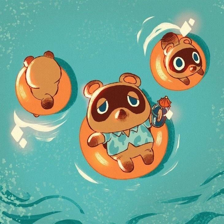 Three cartoon tanuki characters floating in orange swim rings on blue water