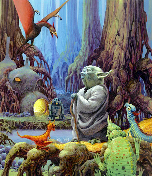 Yoda character standing in a colorful alien swamp with trees and flying creatures