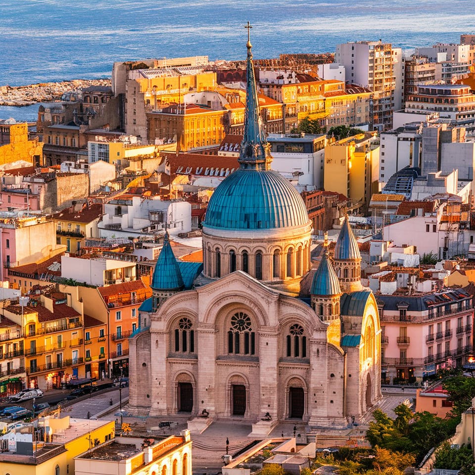Marseille Cathedral with blue dome among orange-lit buildings near the sea
