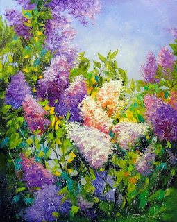 Impressionist painting of purple and white lilac blooms with green foliage against blue sky