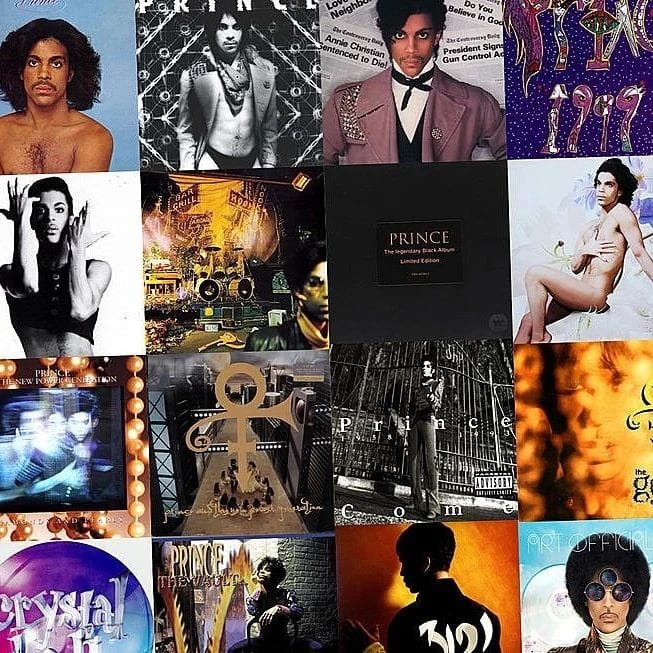 Collage of Prince album covers and portrait images arranged in a square grid