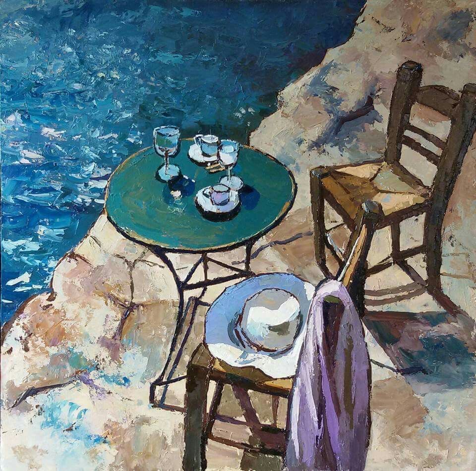 Impressionist painting of café table with drinks and chairs by blue water