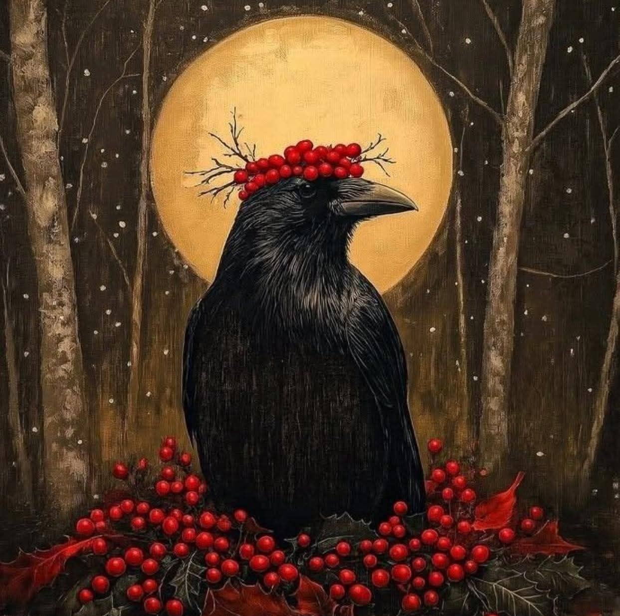 Black crow with red berries in front of a full moon in a dark forest painting