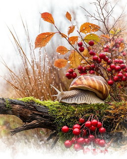 Snail on a mossy branch with red berries and orange autumn leaves