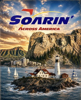 Soarin' Across America poster with lighthouse, Mount Rushmore, and Hawaiian scenery at sunset