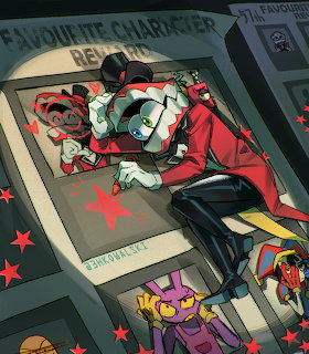 Cartoon jester in red lying on a bulletin board with stars and character drawings