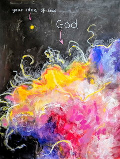 Abstract painting with colorful swirling forms on a dark background and the handwritten word God