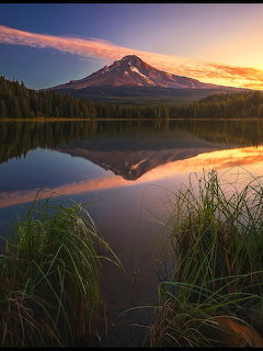 Mount Hood reflected in a still lake at sunset with colorful clouds and grassy shoreline