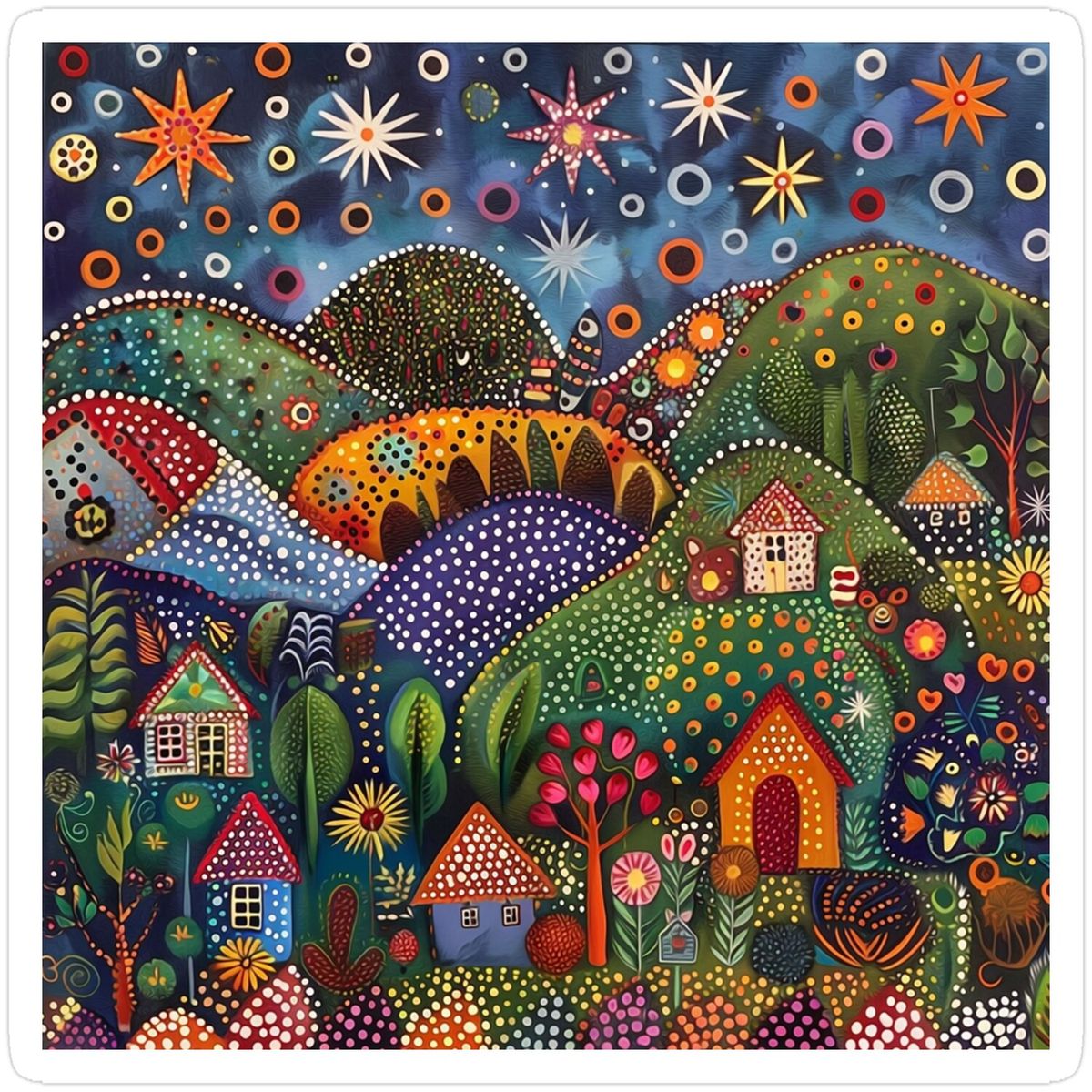 Folk art painting with colorful dotted hills, small houses, trees, and flowers under a starry sky
