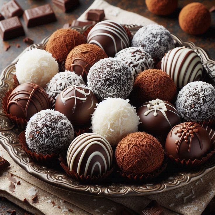 Assorted chocolate truffles with various coatings including cocoa powder, coconut, and white chocolate drizzle on silver platter