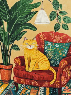 Orange striped cat on ornate red floral armchair with tropical plants and pendant lamp