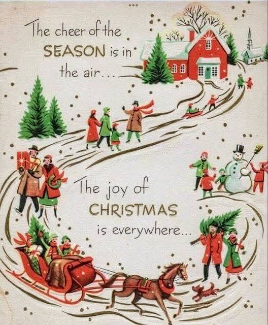 Vintage Christmas card with winter scenes, sledding children, snowman, cottage, trees, and Santa's sleigh