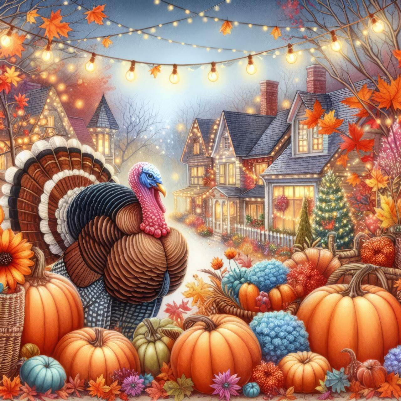 Thanksgiving turkey with pumpkins, autumn leaves, and village houses decorated with string lights