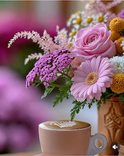 Colorful flower bouquet with pink rose, gerbera daisy, and purple yarrow beside a latte art coffee cup