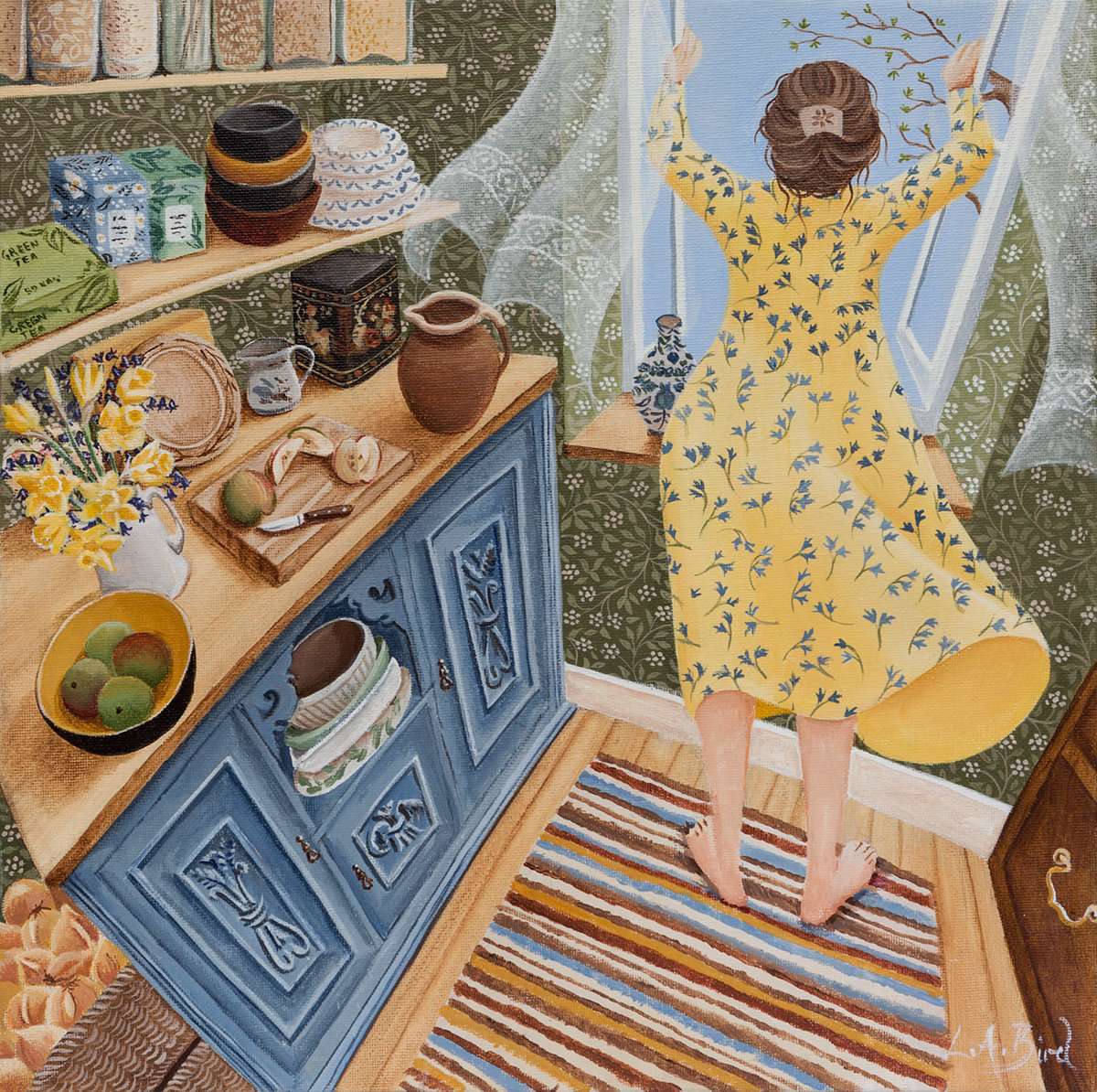 Woman in yellow dress stretching joyfully in rustic cottage kitchen with blue cabinets and spring flowers