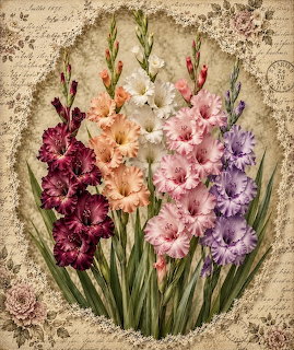 Vintage illustration of colorful gladiolus flowers with lace and handwritten background