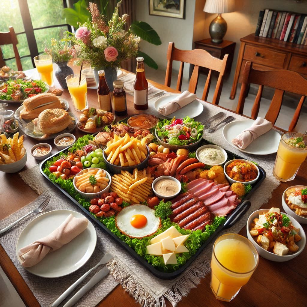 Large breakfast spread with eggs, meats, breads, salads and juice on dining table