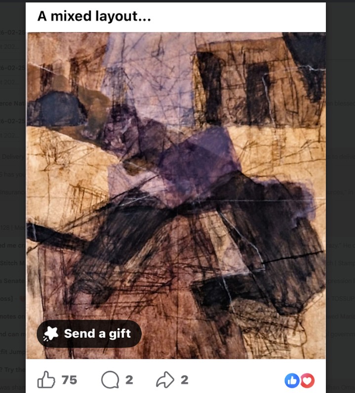 Abstract painting with overlapping angular shapes in purple, black, and earthy tan tones with gestural line marks