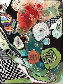 Colorful abstract collage with gears, wheels, checkerboard patterns, and circular designs in red, green, and black