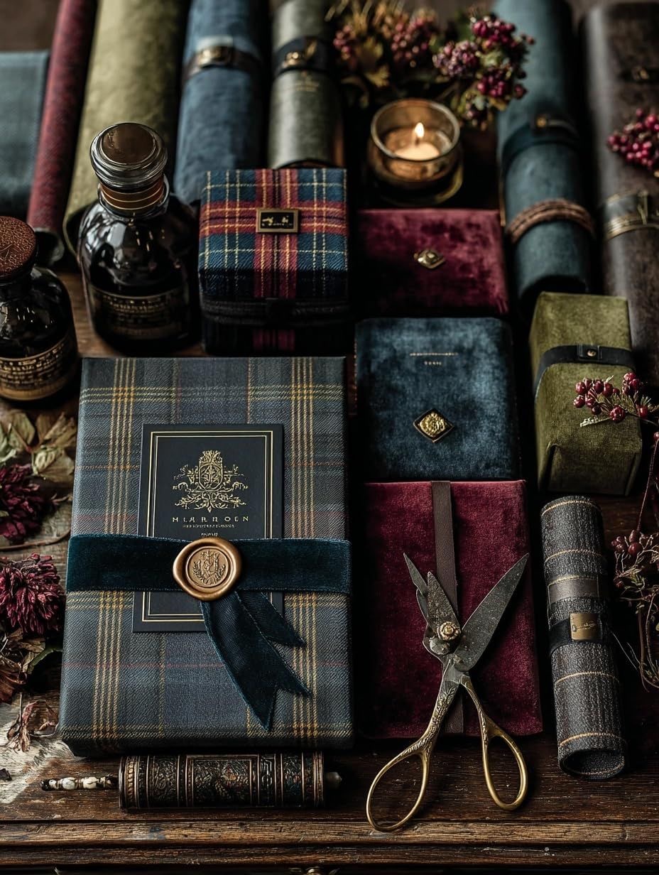 Vintage plaid wrapping paper, ribbon, scissors, candles and holly arranged on a wooden table.