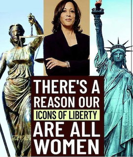 Poster collage showing a woman between two Statue of Liberty images with bold text